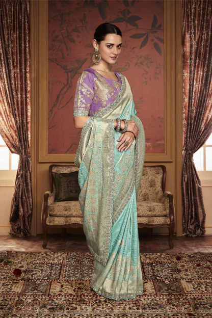 Ambikam Teal Blue Dola Silk Saree with Latest Designer Blouse