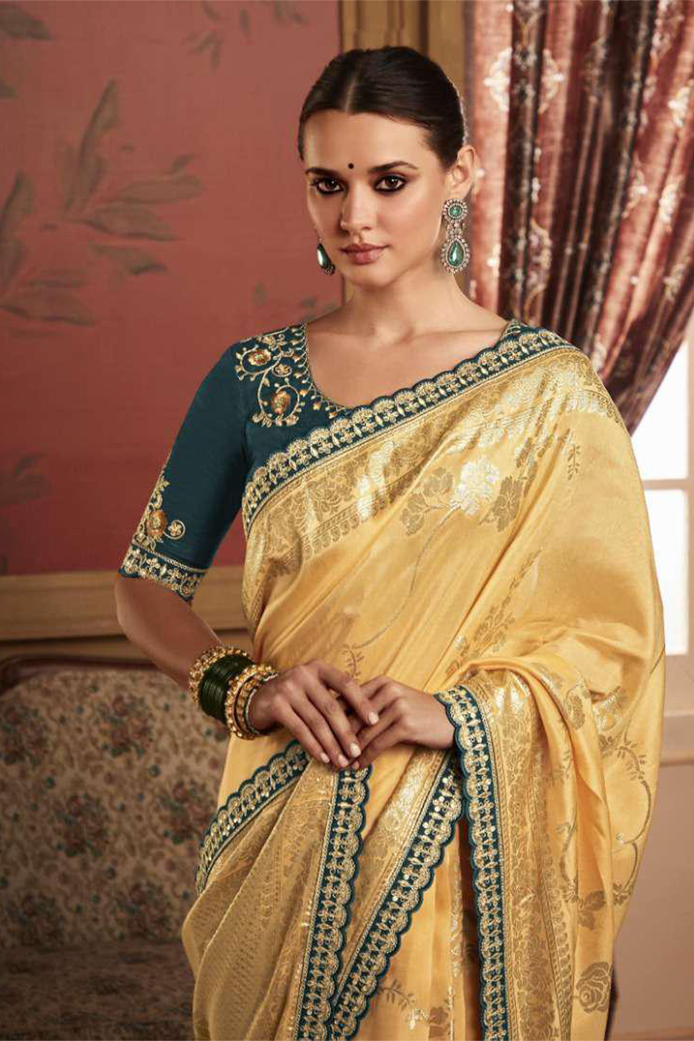 Ambikam Yellow Dola Silk Saree with Latest Designer Blouse