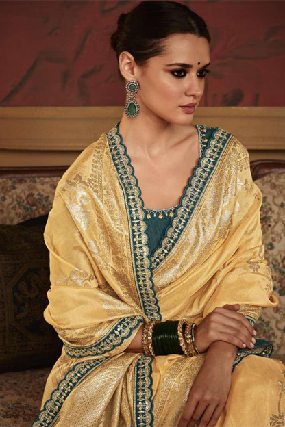 Ambikam Yellow Dola Silk Saree with Latest Designer Blouse