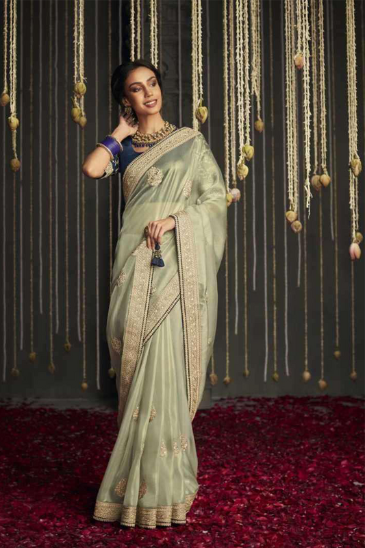 Mint Green Designer Silk Saree with latest Designer Blouse