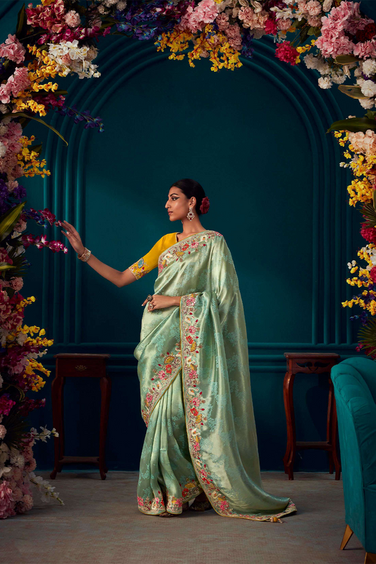 Mint Green Designer Silk Saree with Latest Designer Blouse