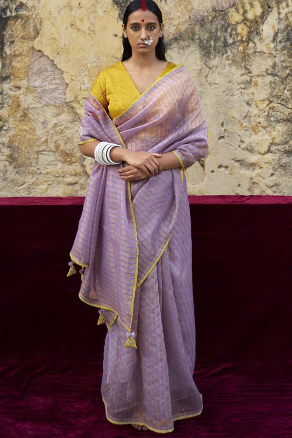 Lavender Purple Striped Designer Organza Saree with latest Designer Blouse