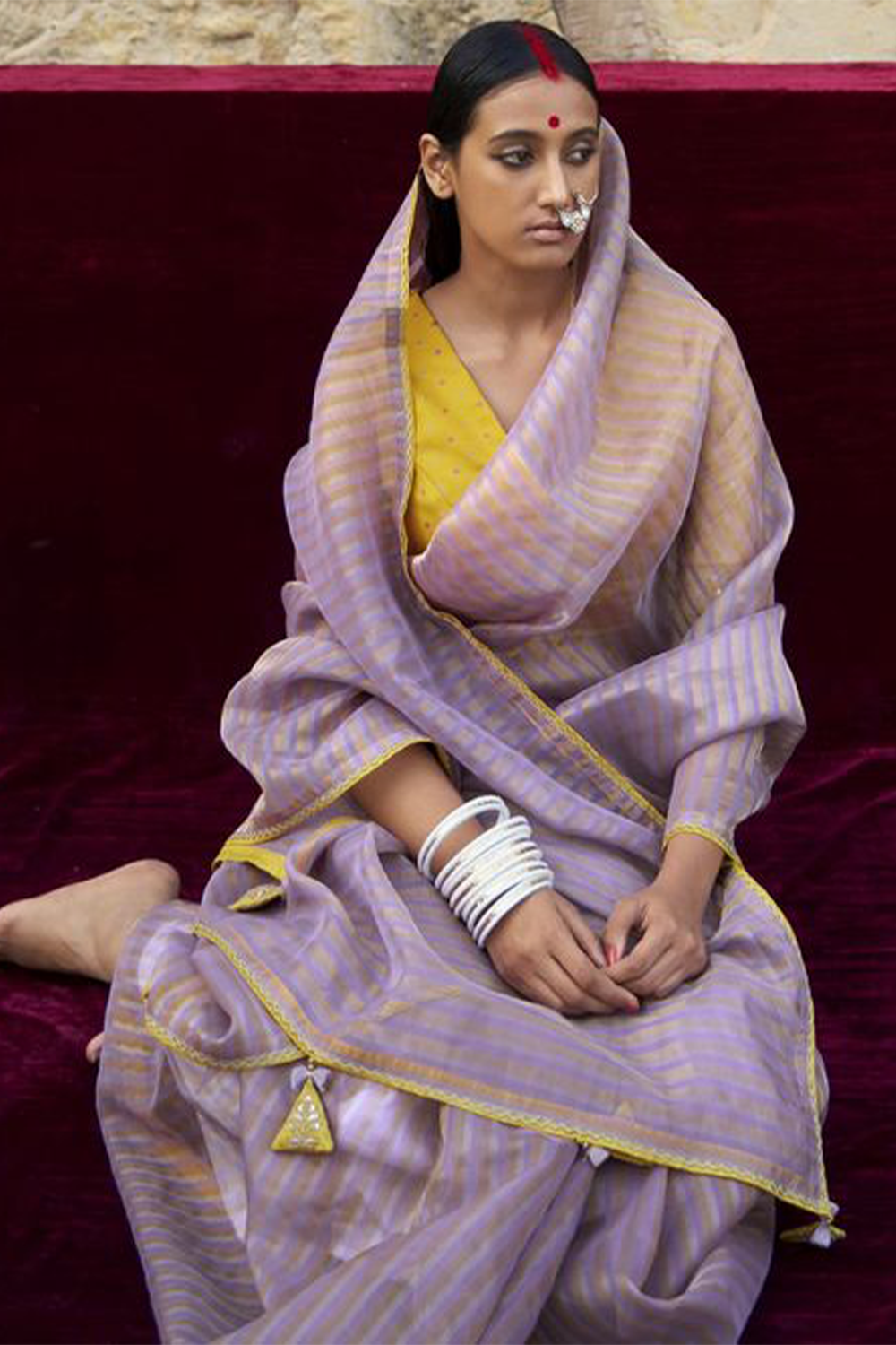 Lavender Purple Striped Designer Organza Saree with latest Designer Blouse