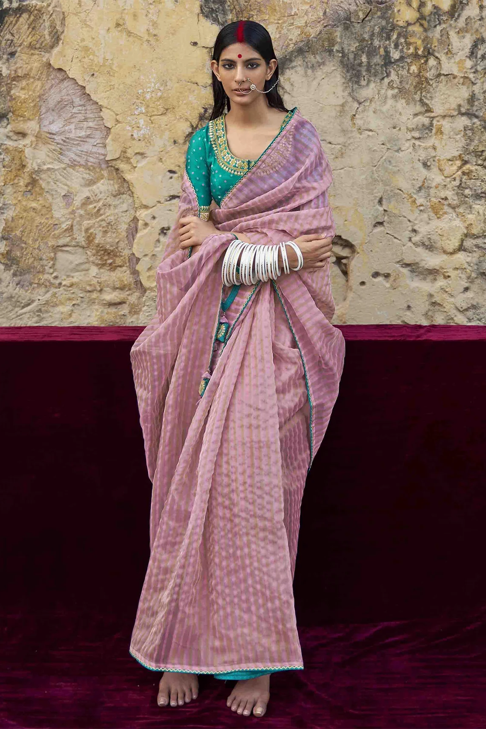 Light Pink Striped Designer Organza Saree with latest Designer Blouse