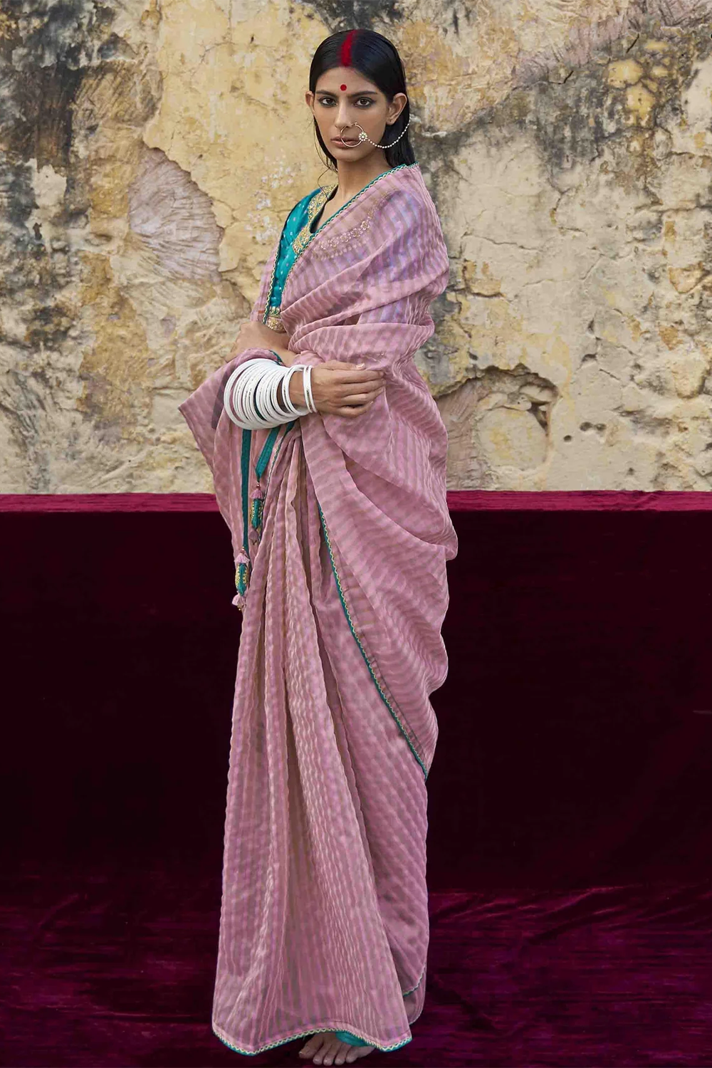 Light Pink Striped Designer Organza Saree with latest Designer Blouse