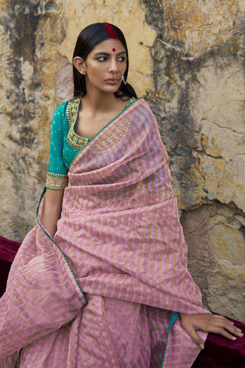 Light Pink Striped Designer Organza Saree with latest Designer Blouse