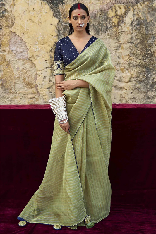 Sage Green Striped Designer Organza Saree with latest Designer Blouse