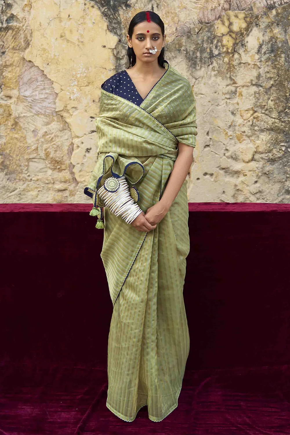 Sage Green Striped Designer Organza Saree with latest Designer Blouse