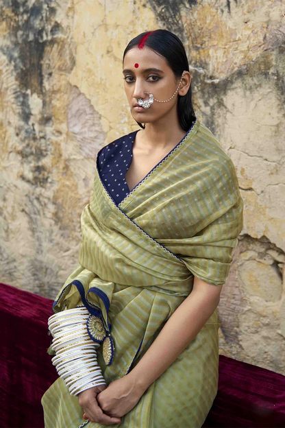 Sage Green Striped Designer Organza Saree with latest Designer Blouse