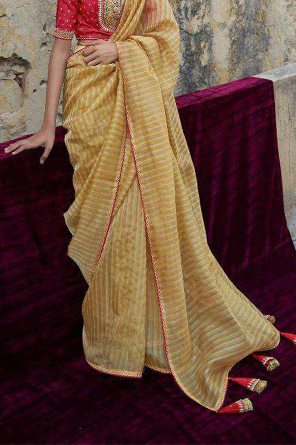 Yellow Striped Designer Organza Saree with latest Designer Blouse