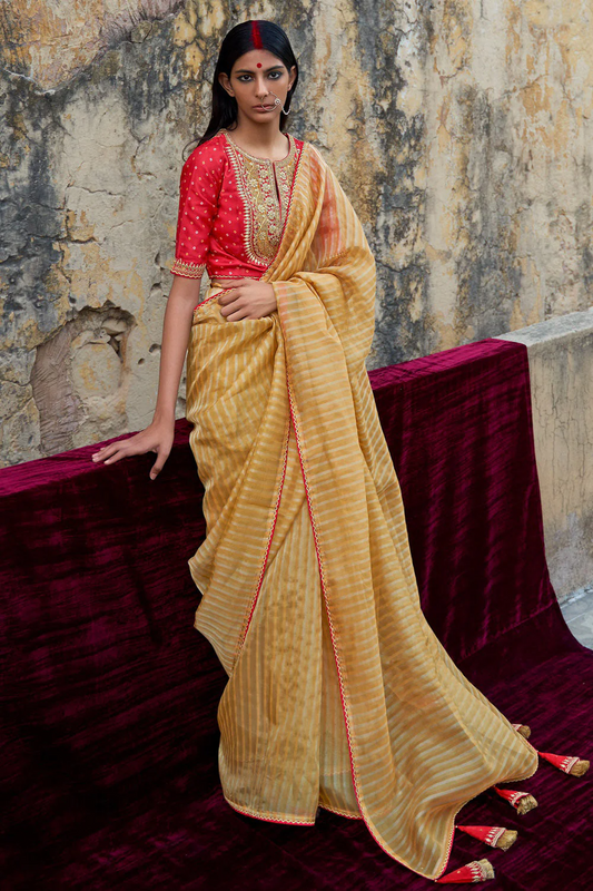 Yellow Striped Designer Organza Saree with latest Designer Blouse