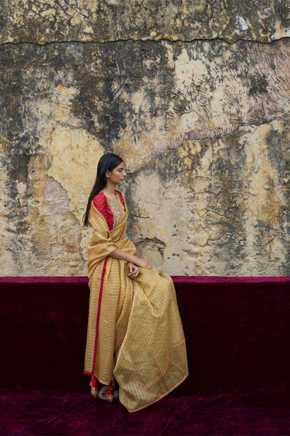 Yellow Striped Designer Organza Saree with latest Designer Blouse