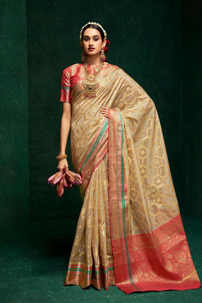 Ambikam Zari woven Cream Pure Cotton Saree with Designer Blouse