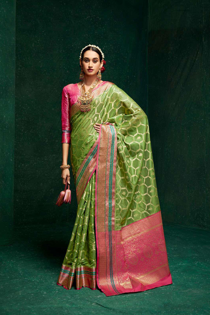 Ambikam Zari woven Olive Green Pure Cotton Saree with Designer Blouse