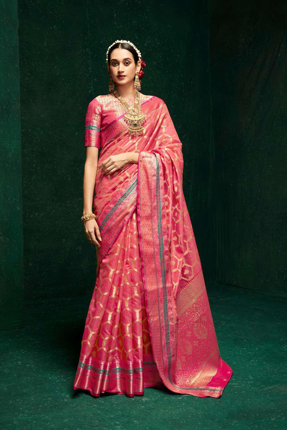 Ambikam Zari woven Pink Pure Cotton Saree with Designer Blouse