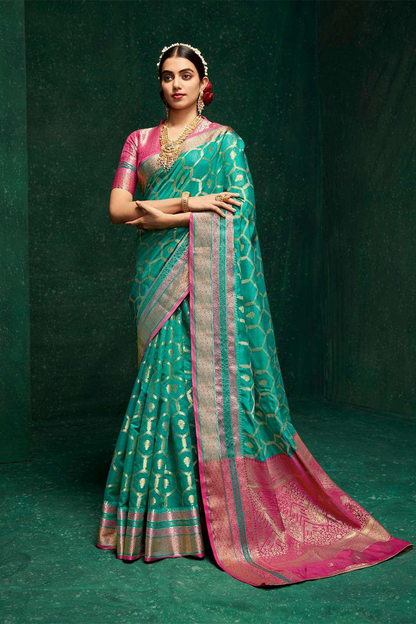 Ambikam Zari woven Rama Green Pure Cotton Saree with Designer Blouse