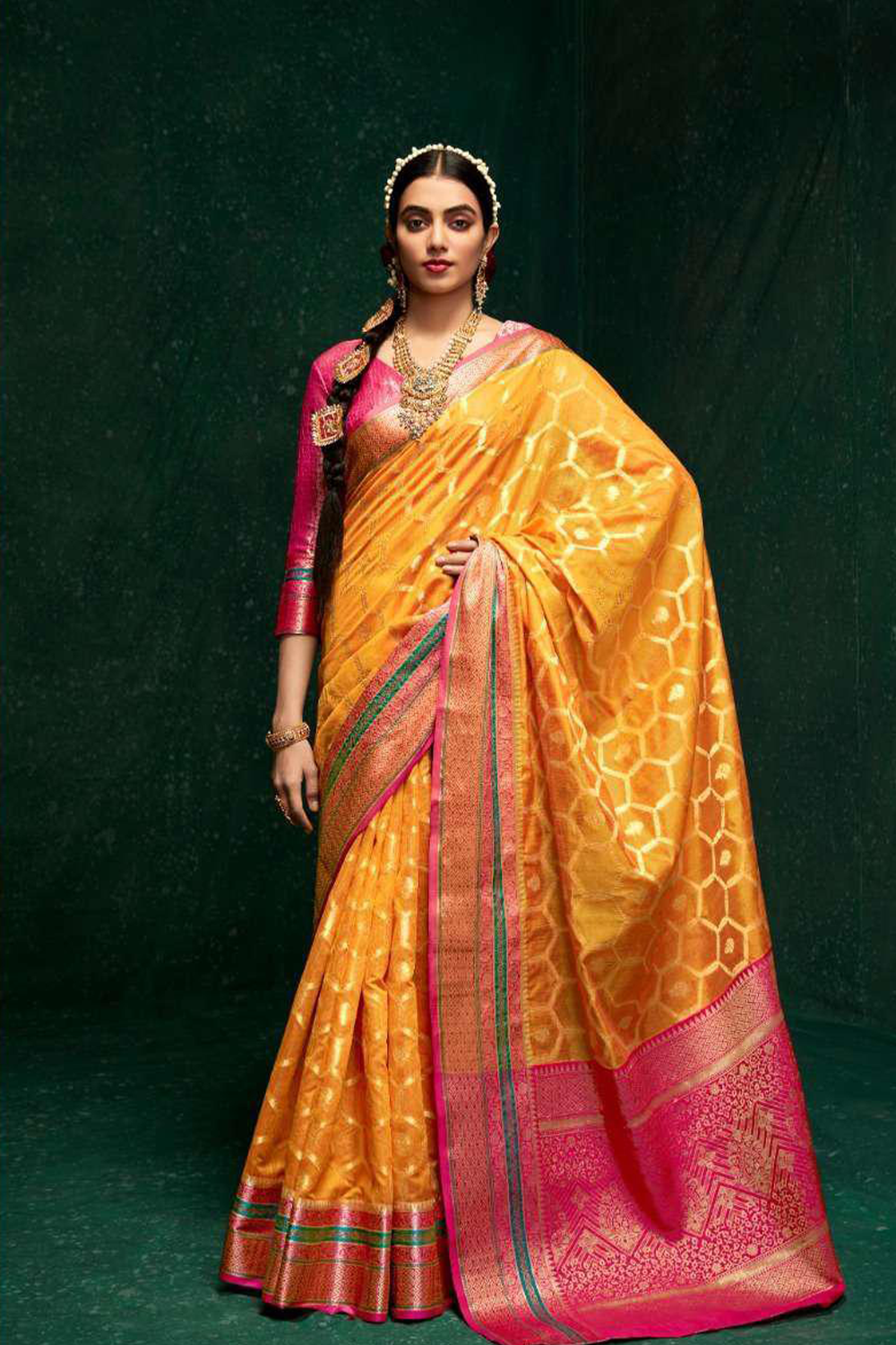 Ambikam Zari woven Turmeric Yellow Pure Cotton Saree with Designer Blouse