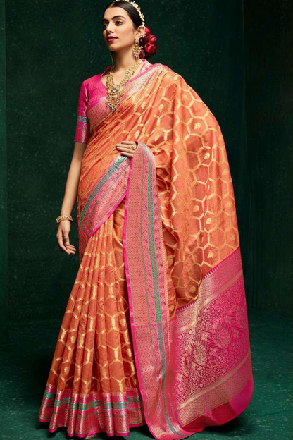 Ambikam Zari woven Orange Pure Cotton Saree with Designer Blouse