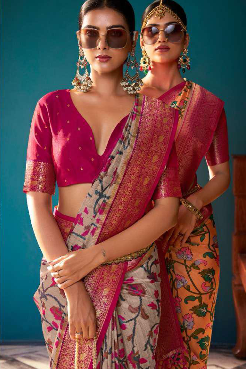 Ambikam Printed  Grey and Orange Crepe Saree with Designer Blouse