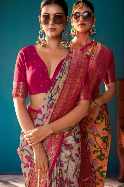 Ambikam Printed  Grey and Orange Crepe Saree with Designer Blouse