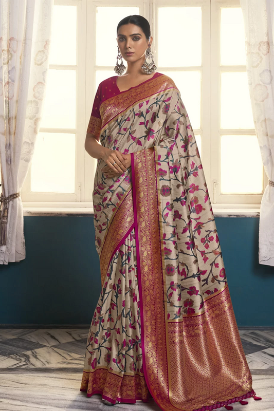 Ambikam Printed Beige Brown Floral Saree with Designer Blouse