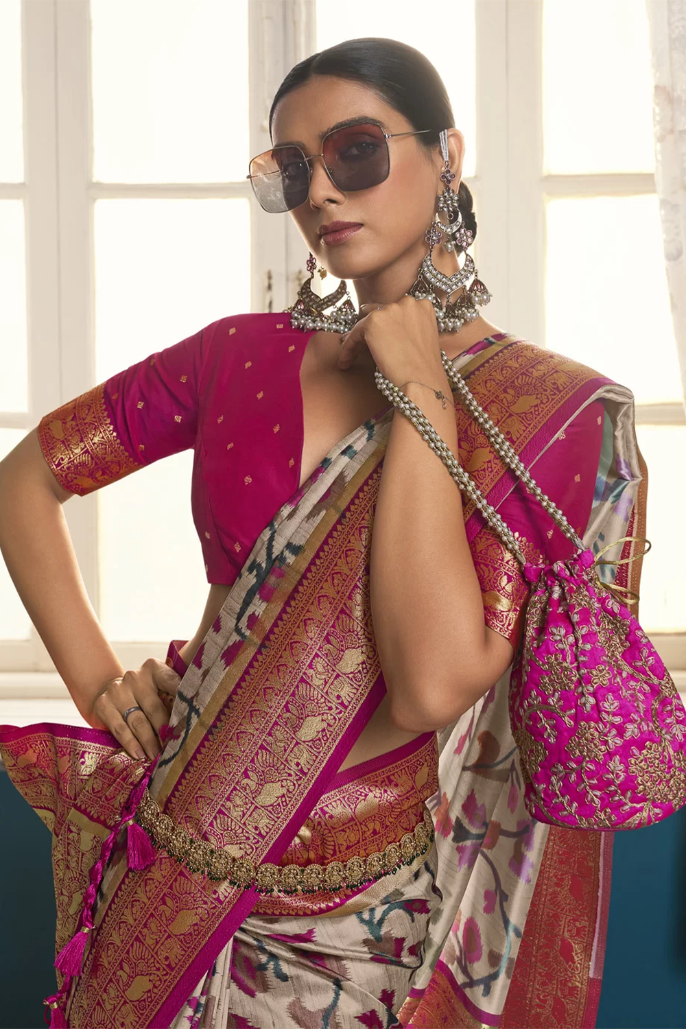 Ambikam Printed Beige Brown Floral Saree with Designer Blouse