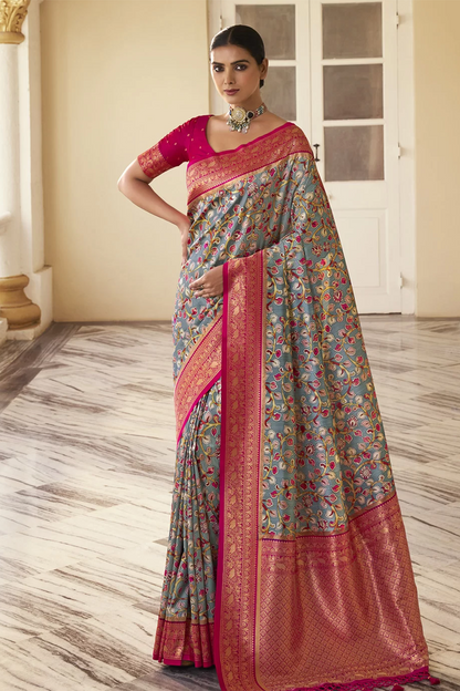 Ambikam Floral Printed Black Grey Saree with Designer Blouse