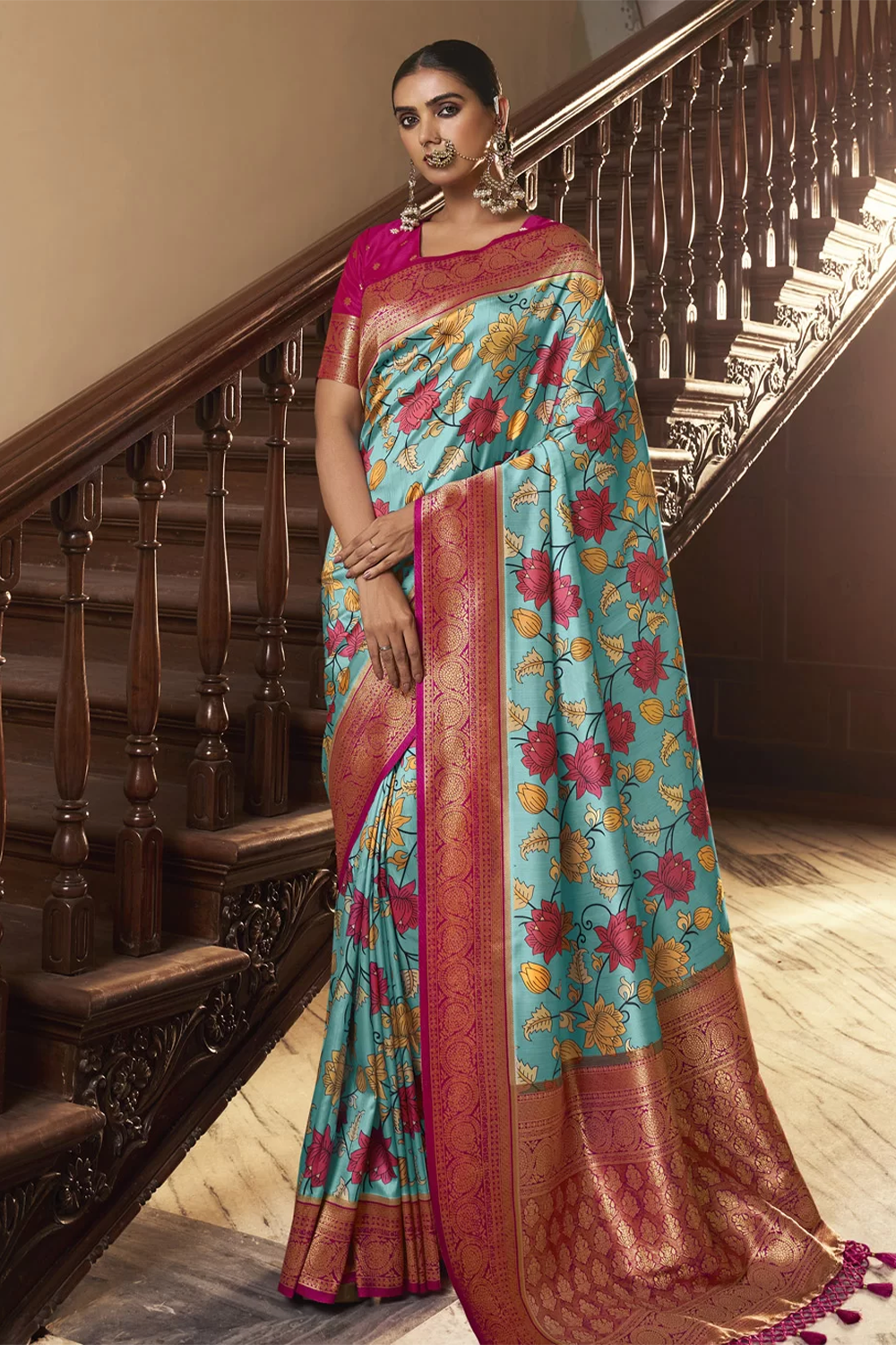 Ambikam Printed Blue and Pink Border Saree with Designer Blouse