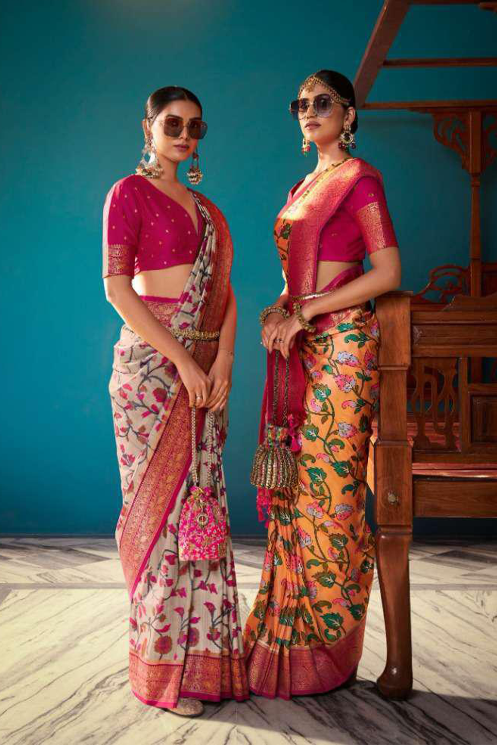 Ambikam Printed  Grey and Orange Crepe Saree with Designer Blouse