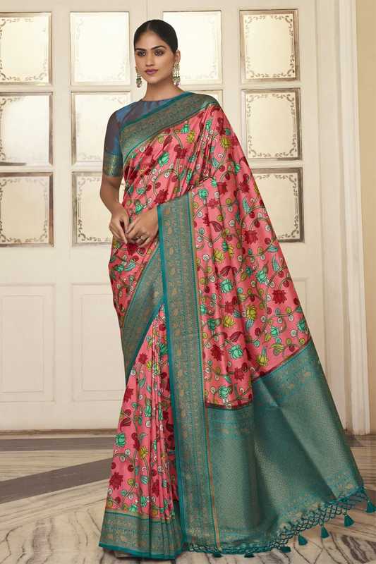 Ambikam Printed Light Pink and Blue Floral Saree with Designer Blouse