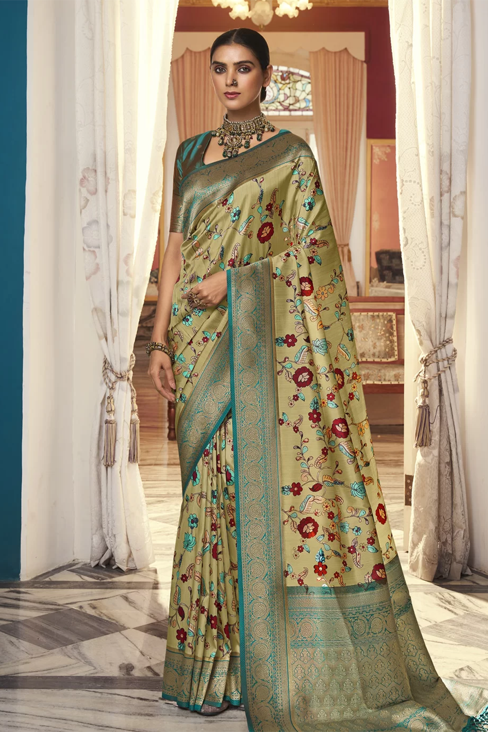 Ambikam Printed Light Yellow Gold Saree Designer Blouse