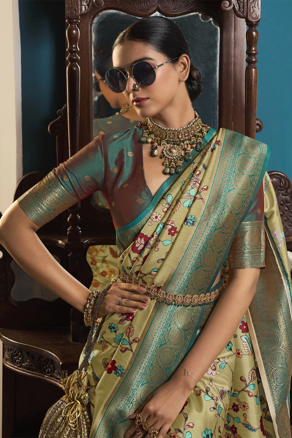 Ambikam Printed Light Yellow Gold Saree Designer Blouse