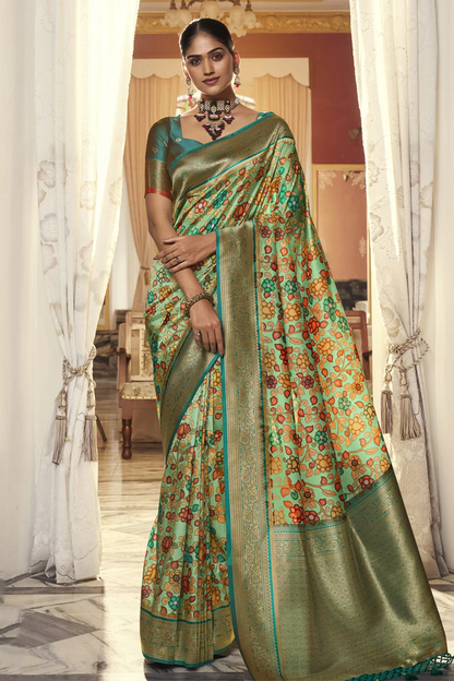 Ambikam Floral Printed Mint Green Saree with Designer Blouse