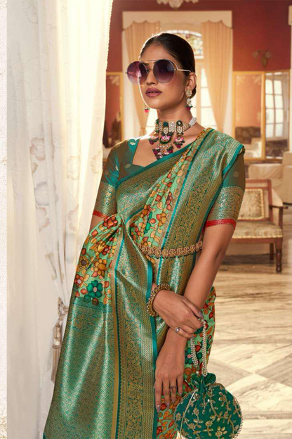 Ambikam Floral Printed Mint Green Saree with Designer Blouse