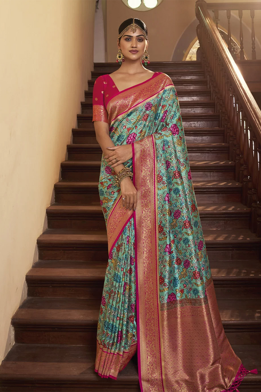 Ambikam Printed Light Sea Green Floral Saree with Designer Blouse