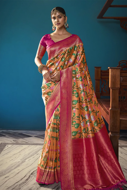 Ambikam Floral Printed Yellow with Pink Border Saree with Designer Blouse