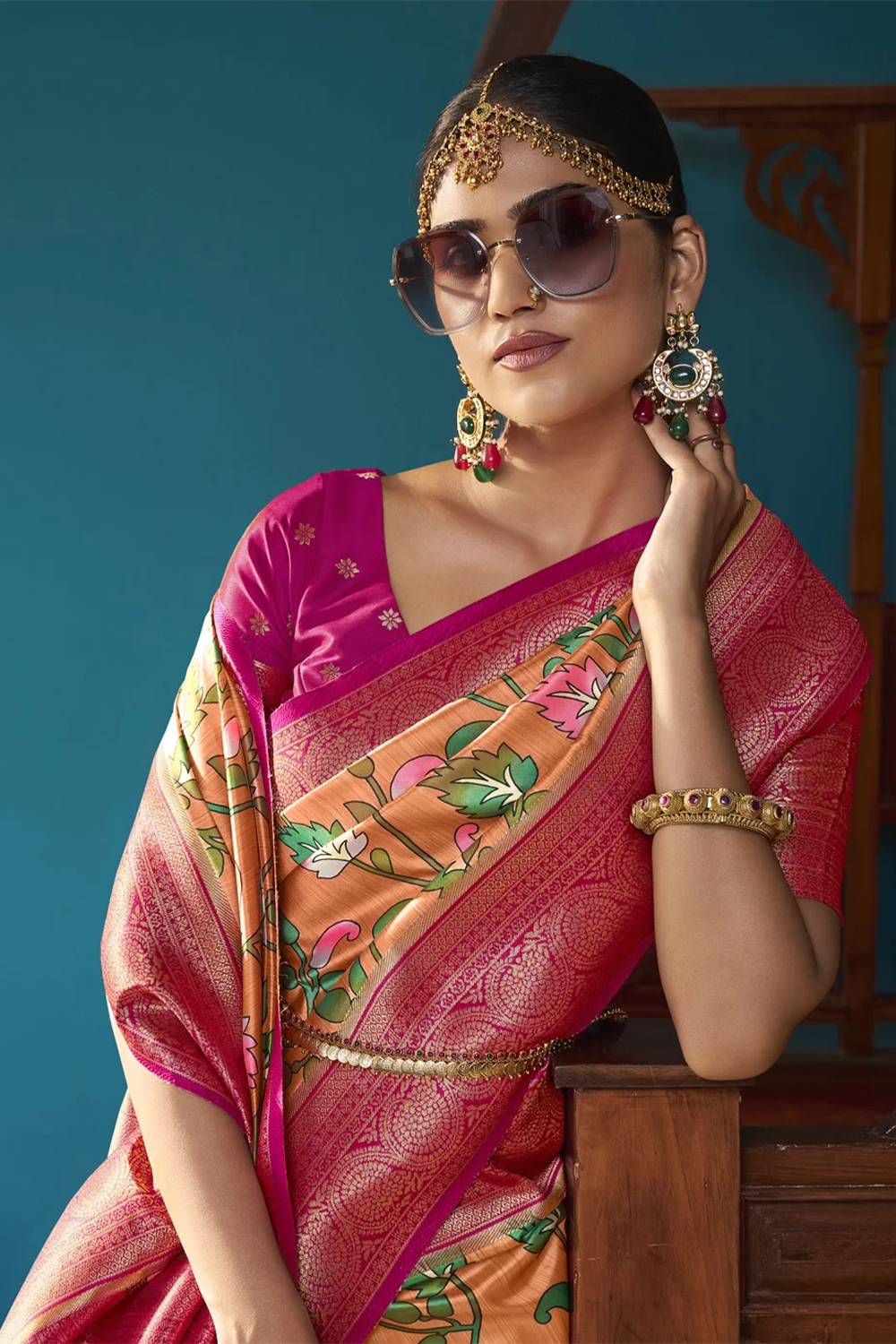 Ambikam Floral Printed Yellow with Pink Border Saree with Designer Blouse