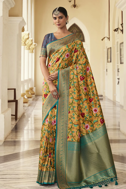 Ambikam Printed Yellow Satin Saree with Designer Blouse