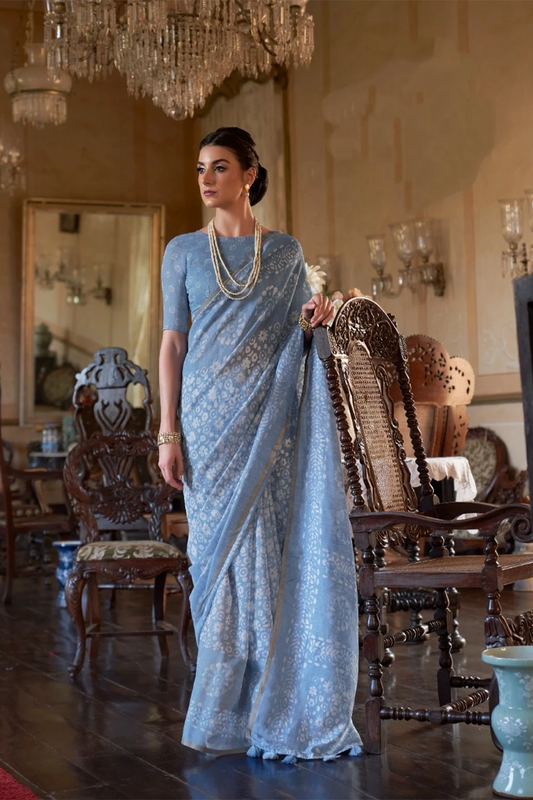 Ambikam Light Blue Floral Printed Casual Cotton Saree With Simple Blouse.