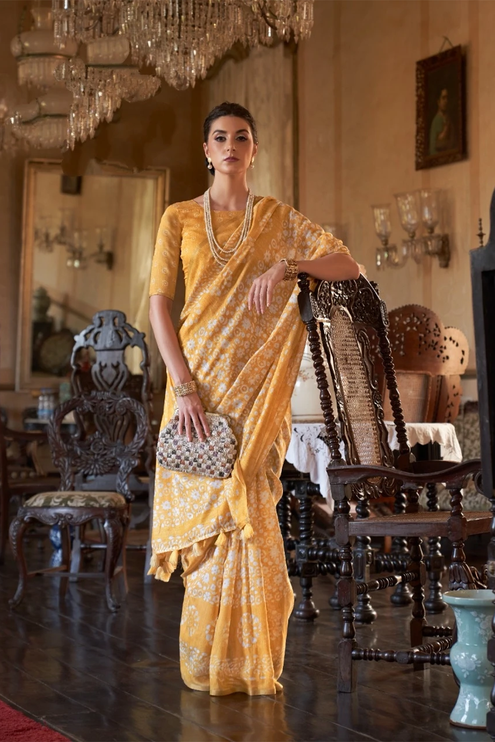 Ambikam Mustard Yellow Floral Printed Casual Cotton Saree With Simple Blouse.