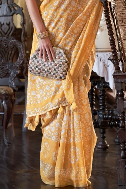 Ambikam Mustard Yellow Floral Printed Casual Cotton Saree With Simple Blouse.