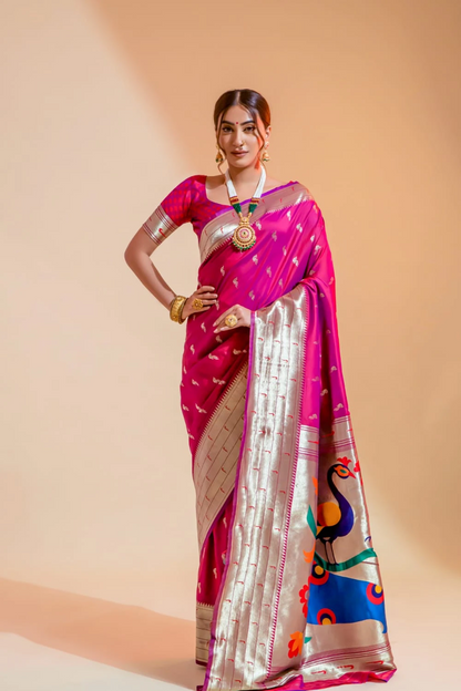 Ambikam Handwoven Fuchsia Pink Paithani Saree with Zari Work