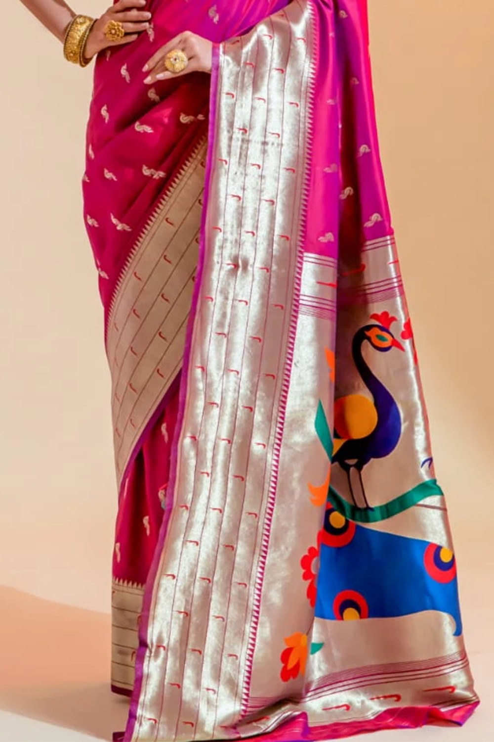 Ambikam Handwoven Fuchsia Pink Paithani Saree with Zari Work