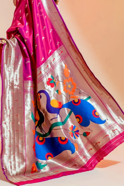 Ambikam Handwoven Fuchsia Pink Paithani Saree with Zari Work