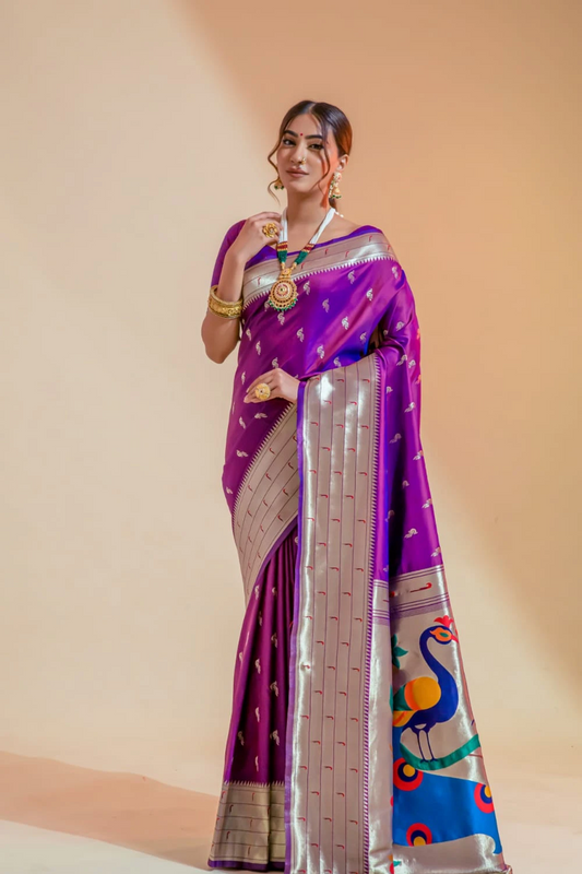 Ambikam Handwoven Grape Voilet Paithani Saree with Zari Work