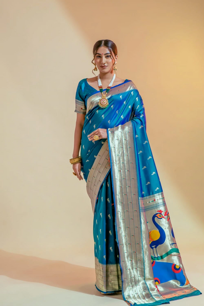 Ambikam Handwoven Peacock Blue Paithani Saree with Zari Work