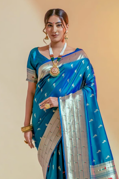 Ambikam Handwoven Peacock Blue Paithani Saree with Zari Work