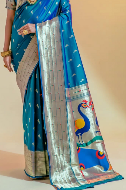 Ambikam Handwoven Peacock Blue Paithani Saree with Zari Work