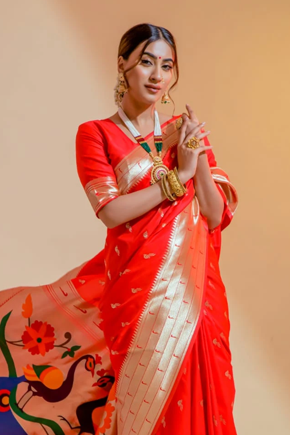 Ambikam Handwoven Red Paithani Saree with Zari Work