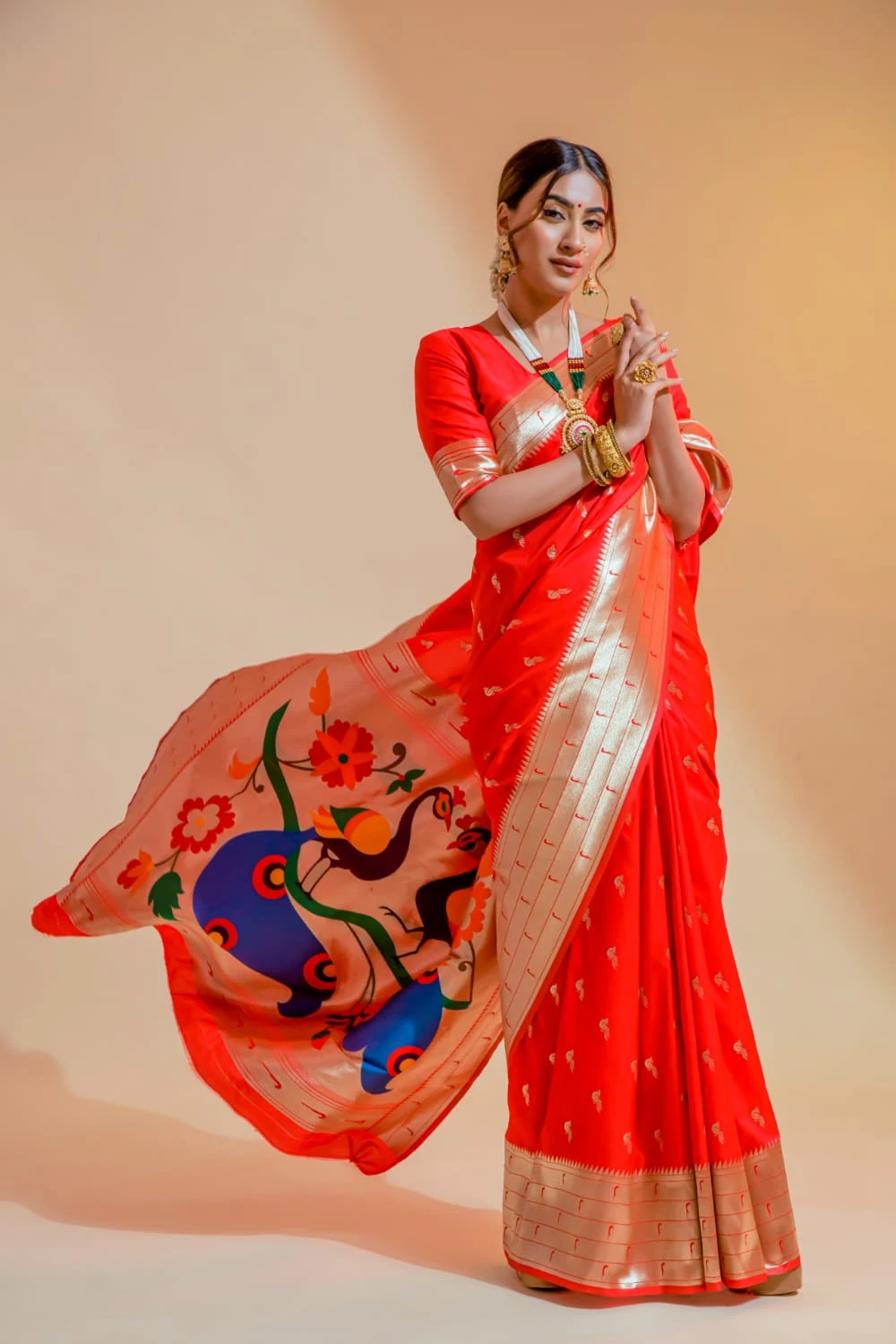 Ambikam Handwoven Red Paithani Saree with Zari Work